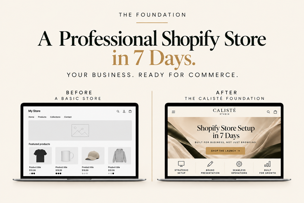 The Foundation by Calisté Studio features a before-and-after Shopify storefront comparison, showing the transformation from a basic online store to a professionally designed, launch-ready e-commerce website in seven days.