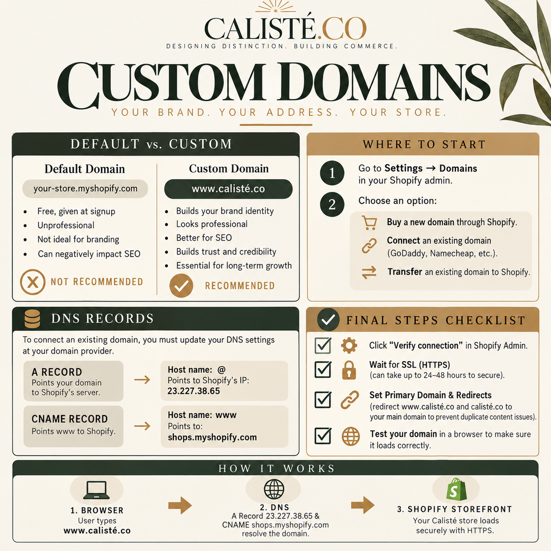 Calisté Studio infographic explaining Shopify custom domains, DNS records, domain setup, SSL security, and connecting a custom domain to a Shopify store.