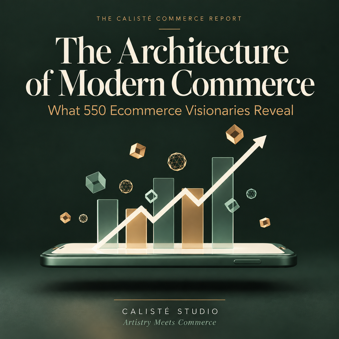 Calisté Studio’s Modern Commerce Report featuring an upward growth chart in sage green and gold.