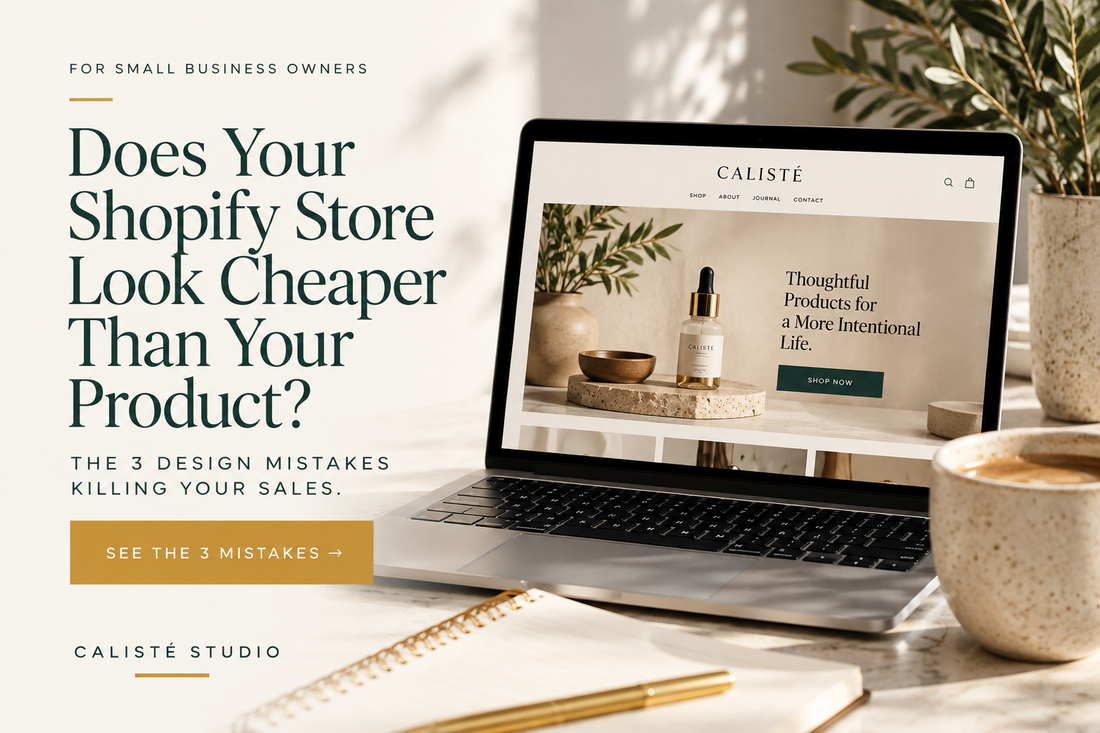 Calisté Studio blog banner: Does Your Shopify Store Look Cheaper Than Your Product? Three design mistakes hurting sales.